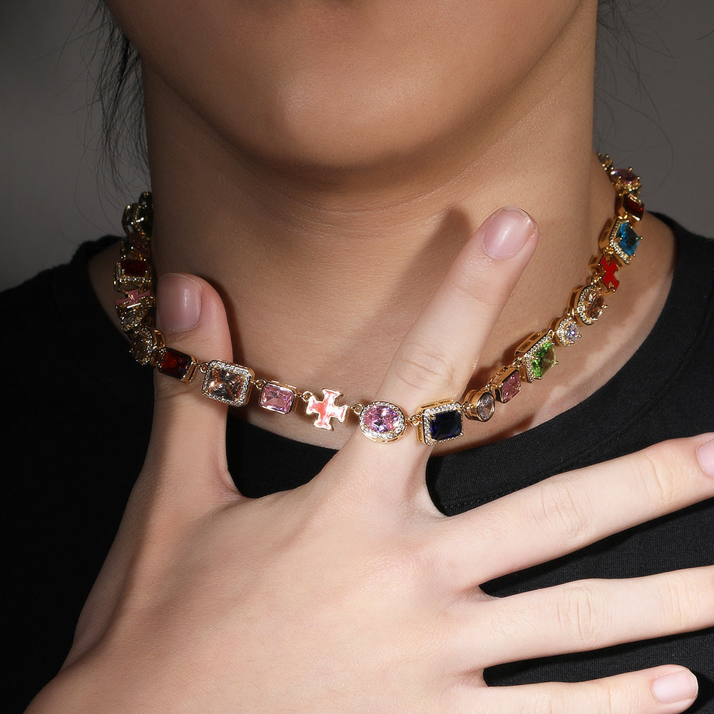 Exquisite diamond-encrusted colored gemstone bracelet and necklace